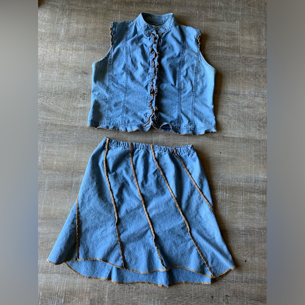 ▶️ Vtg Panhandle Slim Women’s Cowgirl Denim Skirt Set Prairie rodeo L 10 ruffle